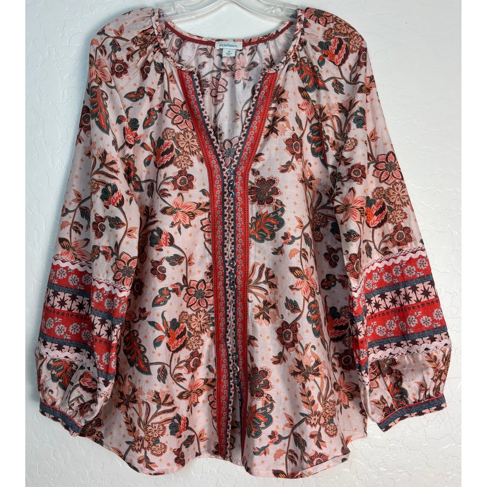 Sundance Bric-a-brac Pink Floral Cotton Silk Boho Split Neck Top Medium 2183